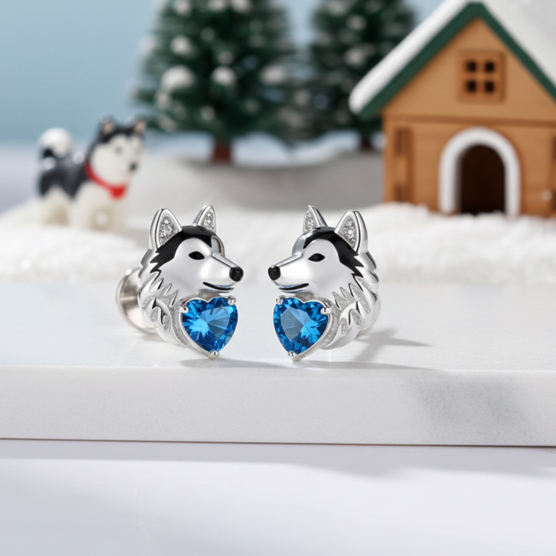 Sotiya Husky Dog Embraces Love Heart Stud Earrings-Sotiya