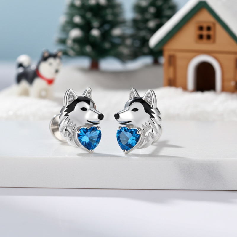 Sotiya Husky Dog Embraces Love Heart Stud Earrings-Sotiya
