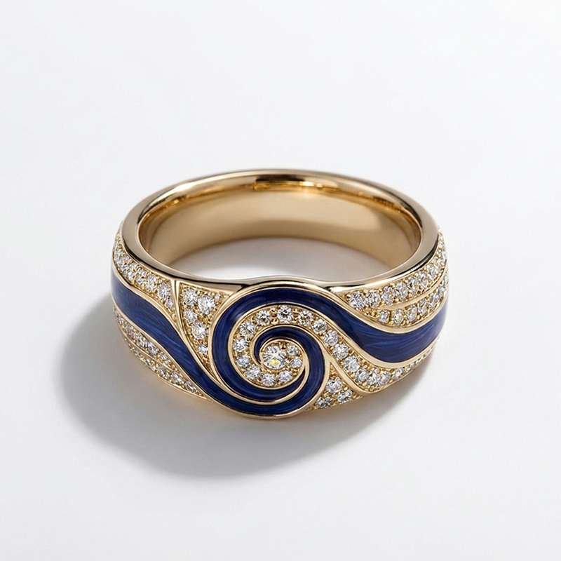Sotiya Artist Collection Famous Painting Enamel Starry Night Curve Curl Design Women's Wedding Ring Band Sterling Silver