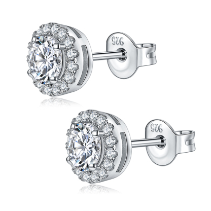 Sotiya Halo Round Cut Moissanite Stud Earrings Sterling Silver-Sotiya