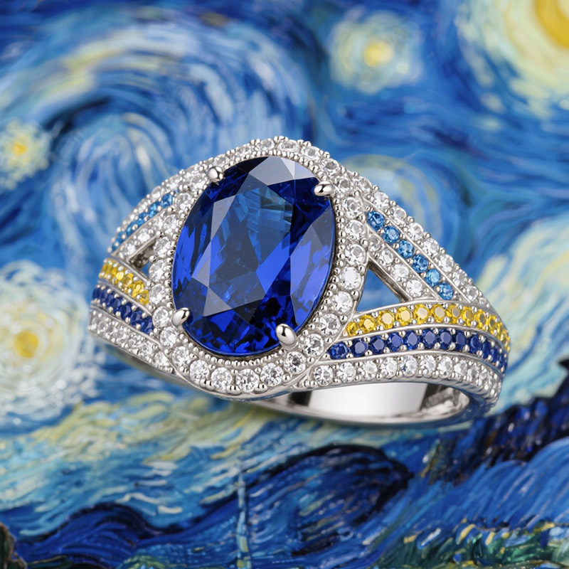 Sotiya Artist Collection Famous Painting Starry Night Halo Oval Cut Engagement Ring Sterling Silver-Sotiya