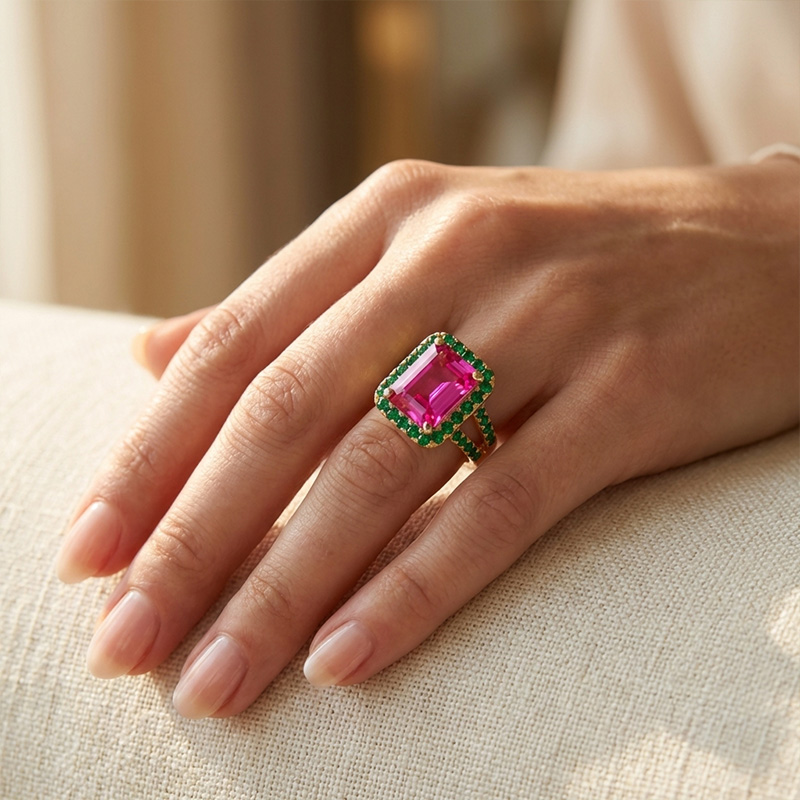 Sotiya Halo Emerald Cut Hot Pink and Green Engagement Ring Sterling Silver