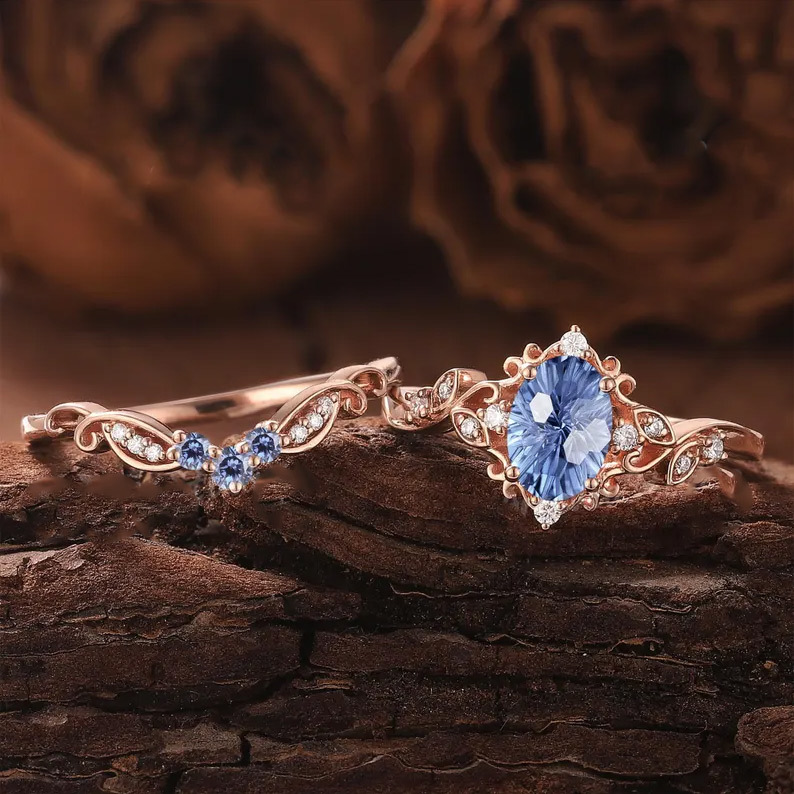 Sotiya Vintage Cornflower Aquamarine Blue Oval Fantasy Starbrite Cut Wedding Bridal Ring Set Sterling Silver-Sotiya