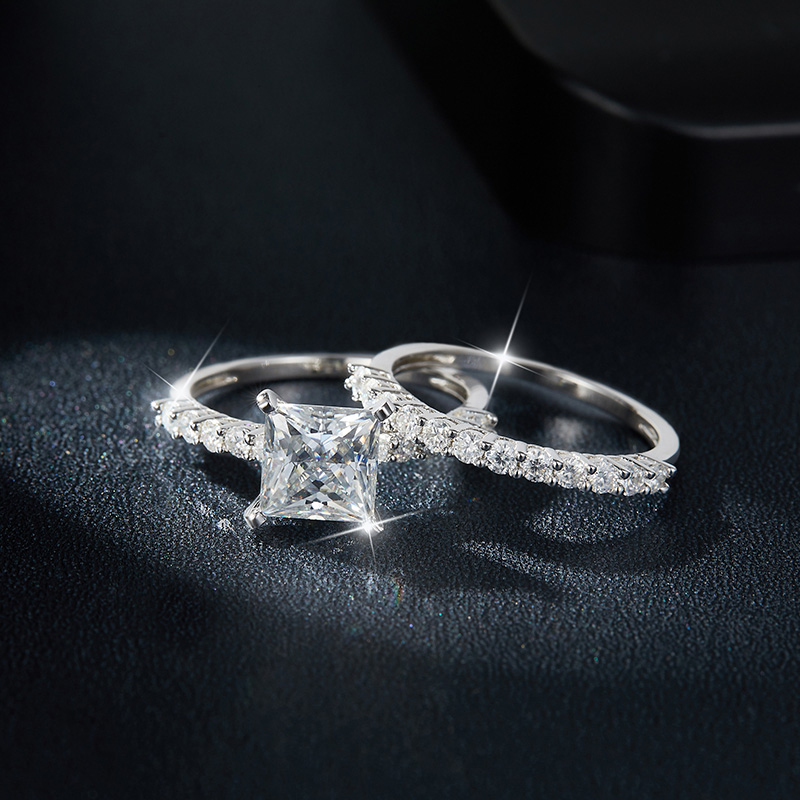 Sotiya Side Stones Princess Cut Moissanite Wedding Bridal Ring Set Sterling Silver-Sotiya