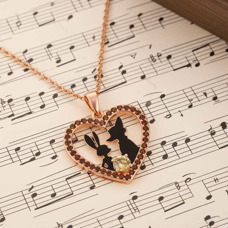 Sotiya Animal City Heart Shaped Bunny & Fox Round Cut Coffee Necklace-Sotiya