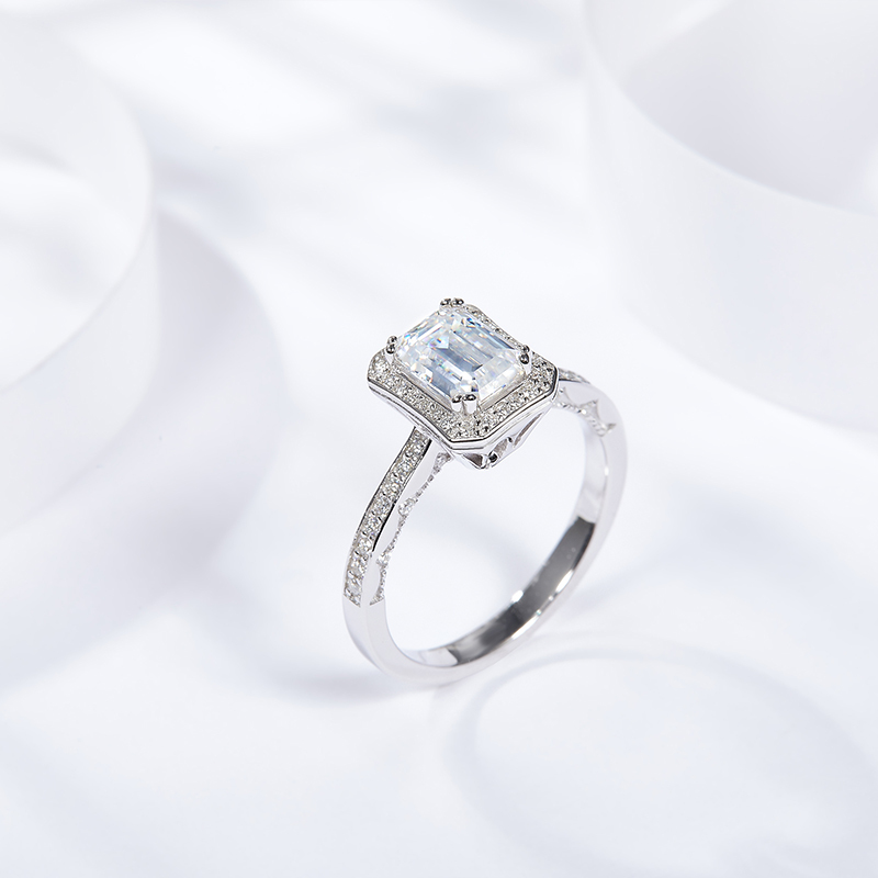 Sotiya Halo Emerald Cut Moissanite Engagement Ring Sterling Silver-Sotiya