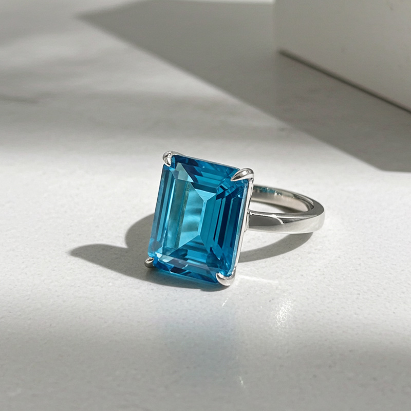 Sotiya Solitaire Emerald Cut Aquamarine Engagement Ring Sterling Silver-Sotiya