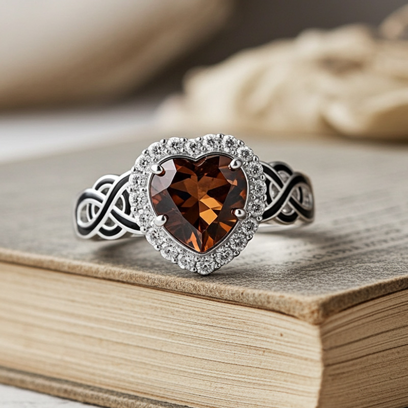 Sotiya Halo Heart Cut Knot Coffee Enamel Ring Sterling Silver-Sotiya