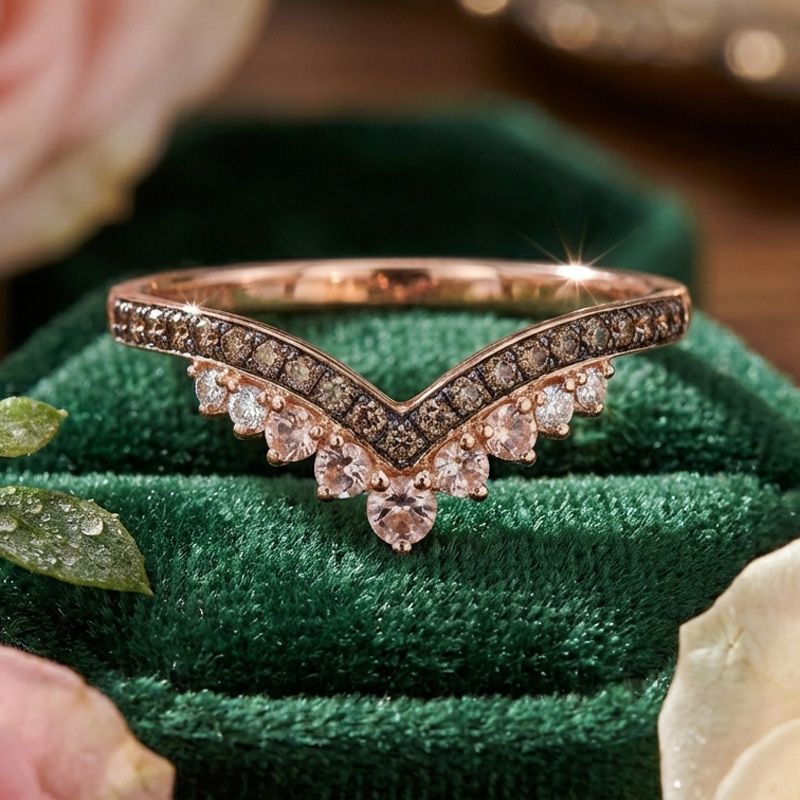 Sotiya V-shaped Synthetic Morganite Coffee Women's Wedding Ring Band Sterling Silver-Sotiya