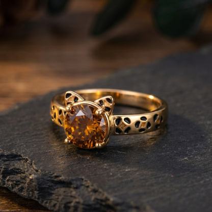 Sotiya Cat Design Round Cut Leopard Print Coffee Enamel Ring Sterling Silver-Sotiya