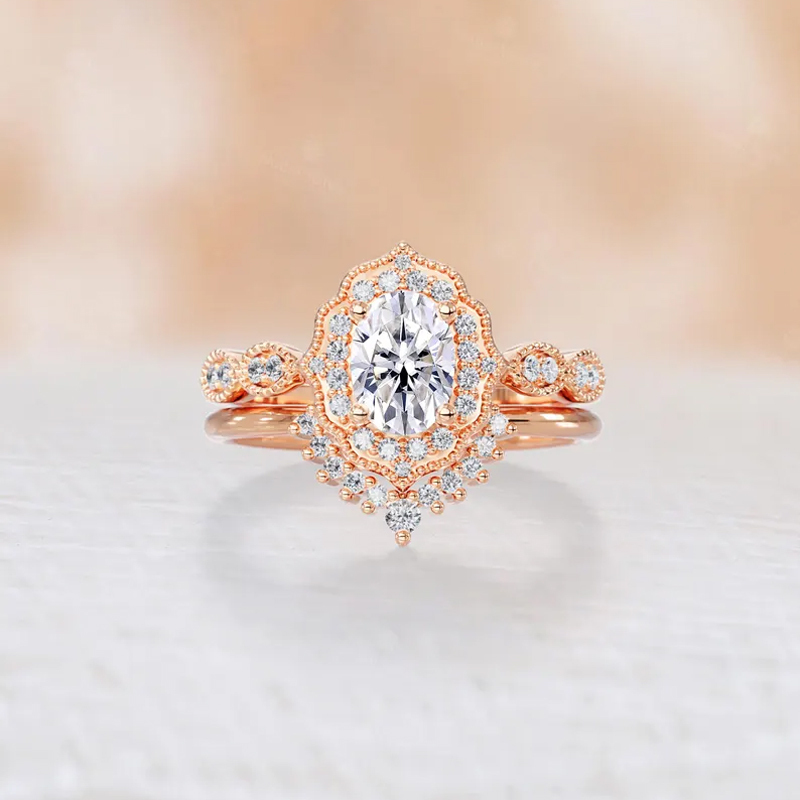 Sotiya Vintage Milgrain Halo Oval Cut Wedding Bridal Ring Set Sterling Silver-Sotiya