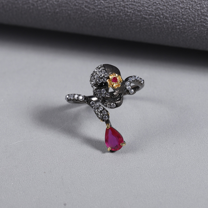 Sotiya Natural Gemstone Ruby Halloween Skull Adjustable Openable Cocktail Ring Sterling Silver-Sotiya