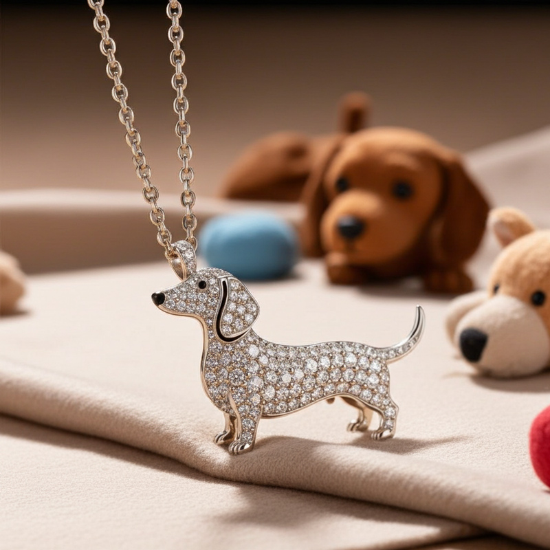 Sotiya Best Buds Dachshund Full Stone Round Cut Necklace Sterling Silver-Sotiya