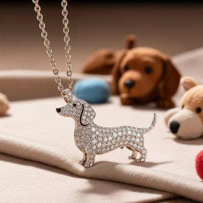 Sotiya Best Buds Dachshund Full Stone Round Cut Necklace Sterling Silver-Sotiya