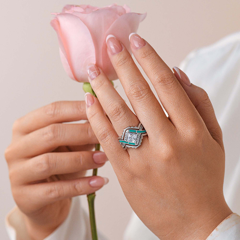 Sotiya Three Piece Twist Princess Cut Enamel Bridal Wedding Ring Set  Sterling Silver-Sotiya