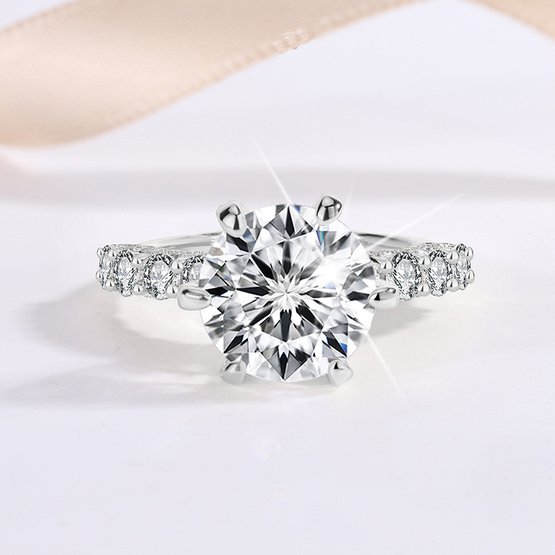 Sotiya 6 Prong Side Stones Round Cut Moissanite Engagement Ring Sterling Silver-Sotiya