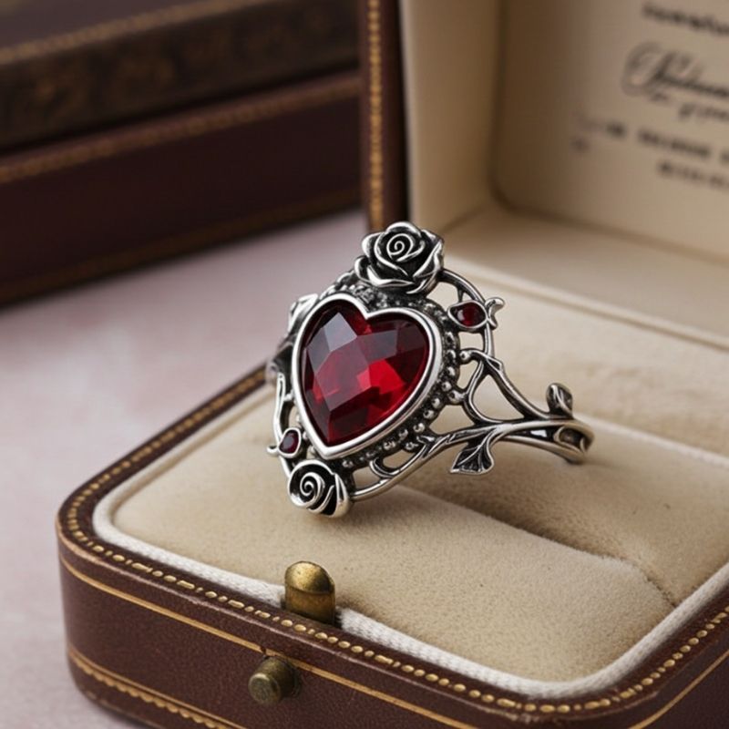 Sotiya Vintage Rose Heart Cut Garnet Skull Inspired Cocktail Ring Sterling Silver-Sotiya