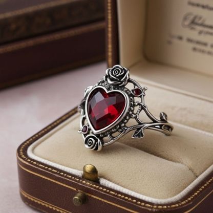 Sotiya Vintage Rose Heart Cut Garnet Skull Inspired Cocktail Ring Sterling Silver-Sotiya