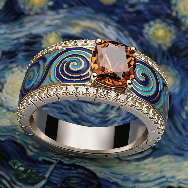 Sotiya Artist Collection Famous Painting Starry Night Vintage Cushion Cut Coffee Engagement Ring Sterling Silver-Sotiya