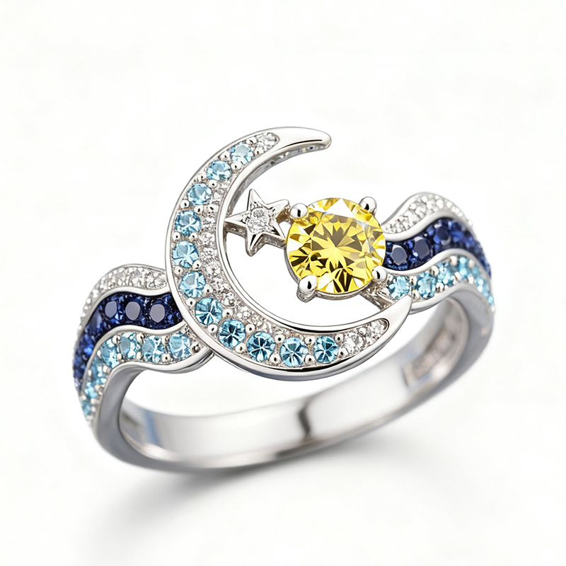 Sotiya Artist Collection Famous Painting Starry Night Round Cut Cocktail Ring Sterling Silver-Sotiya