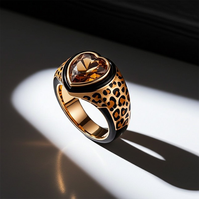 Sotiya Heart Cut Leopard Print Coffee Enamel Ring Sterling Silver-Sotiya