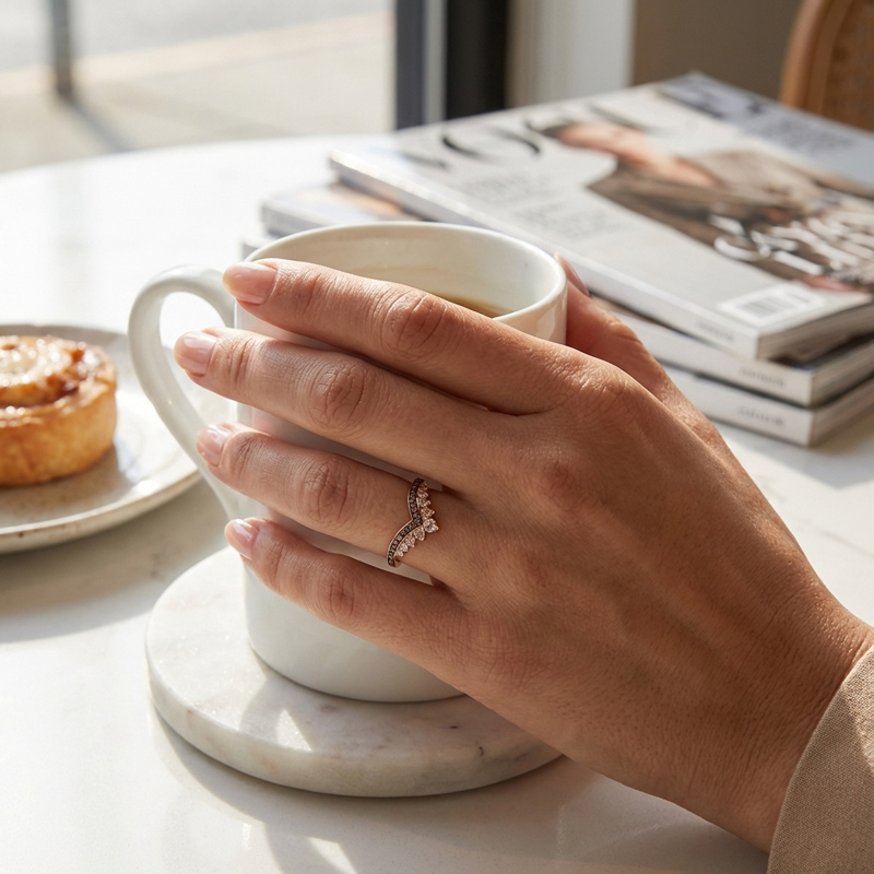 Sotiya V-shaped Synthetic Morganite Coffee Women's Wedding Ring Band Sterling Silver-Sotiya