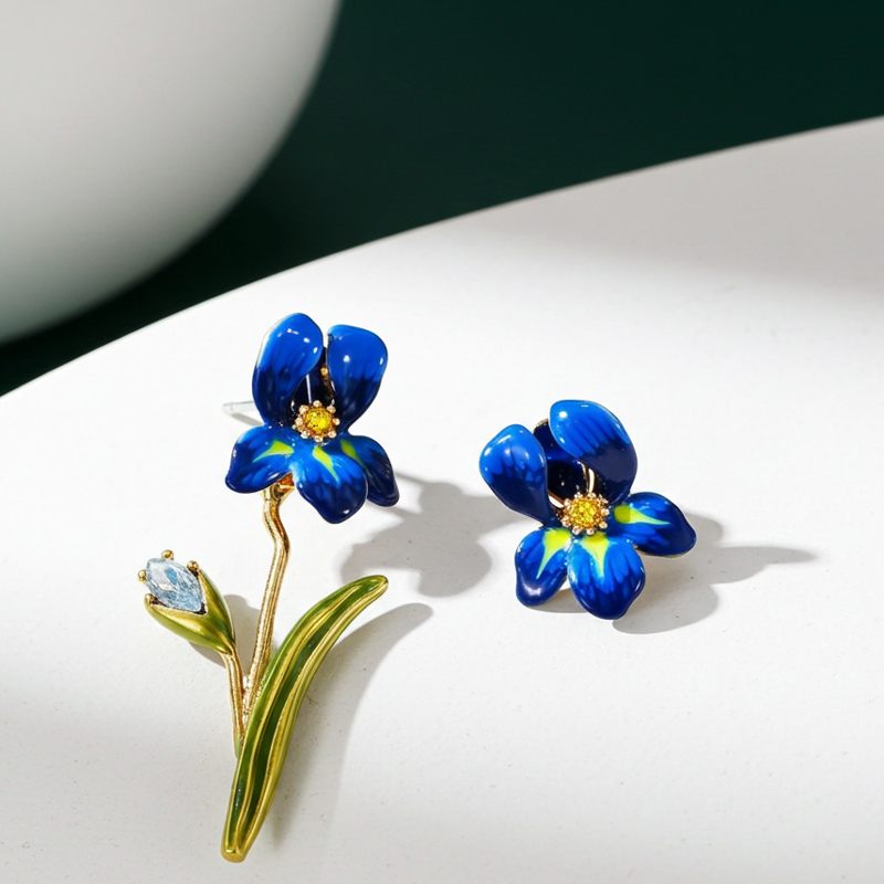 Sotiya Artist Collection Famous Painting Irises Inspired Enamel Asymmetrical Earrings-Sotiya