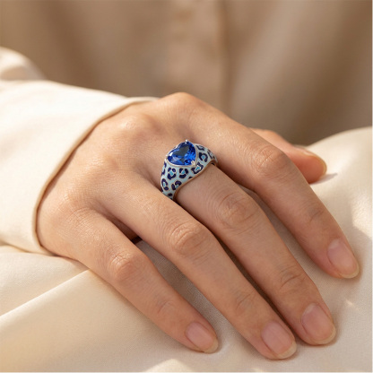 Sotiya Heart Cut Blue Leopard Print Enamel Ring Sterling Silver-Sotiya