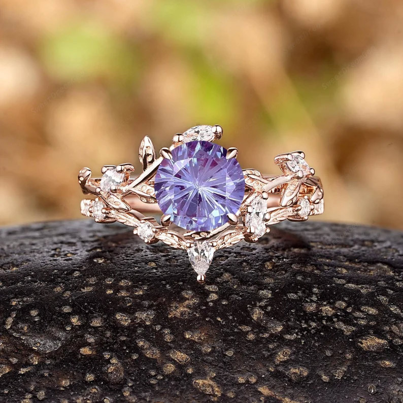 Sotiya Nature Inspired Leaf Purple Round Fantasy Starbrite Cut Engagement Ring Sterling Silver-Sotiya