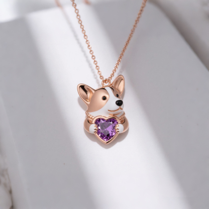 Sotiya Corgi Embraces Love Heart Birthstone Necklace-Sotiya