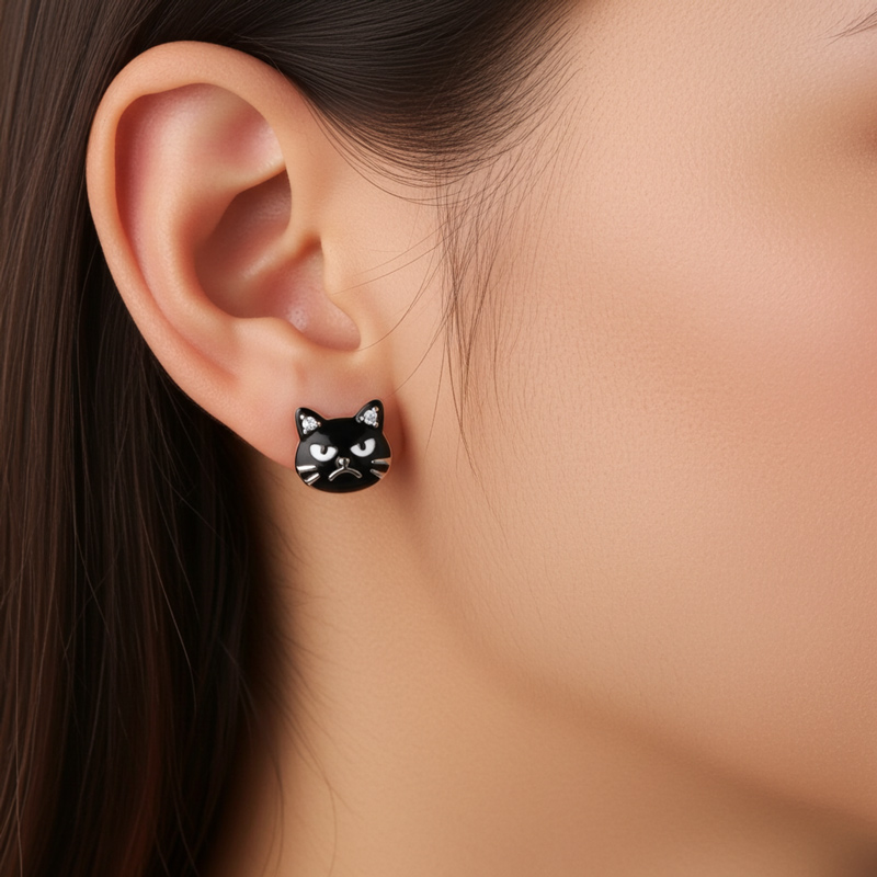 Sotiya Grumpy Black Cat Enamel Stud Earrings-Sotiya