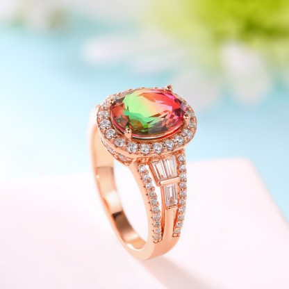 Sotiya Oval Cut Watermelon Rose Gold Halo Engagement Ring Sterling Silver-Sotiya