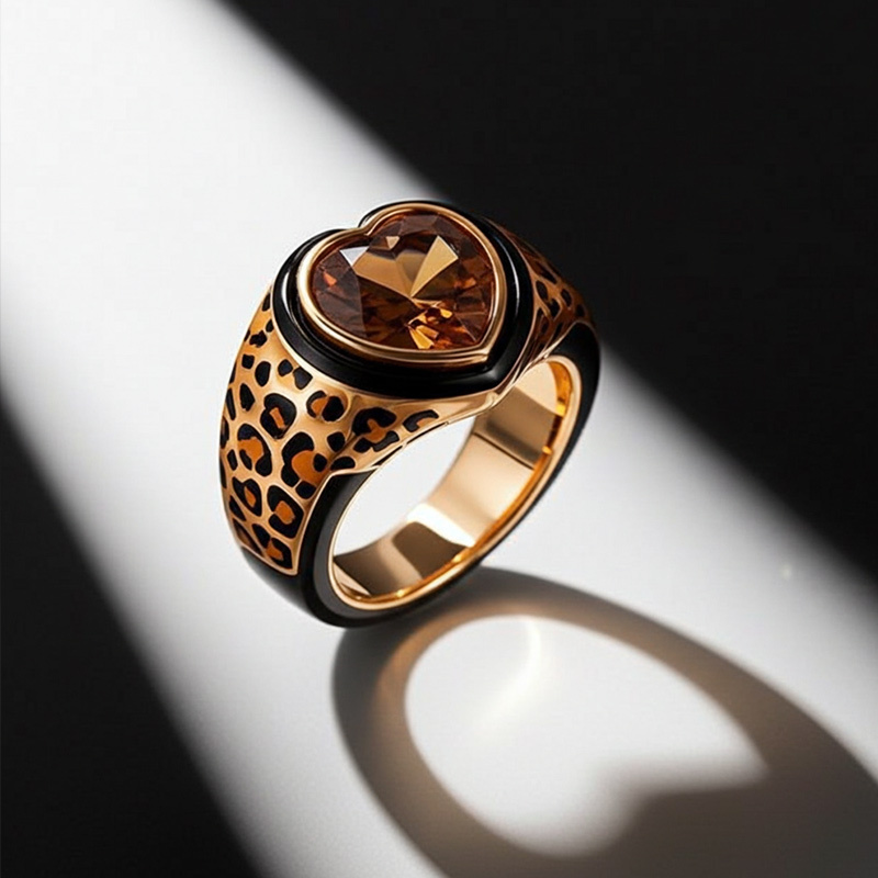 Sotiya Heart Cut Leopard Print Coffee Enamel Ring Sterling Silver-Sotiya