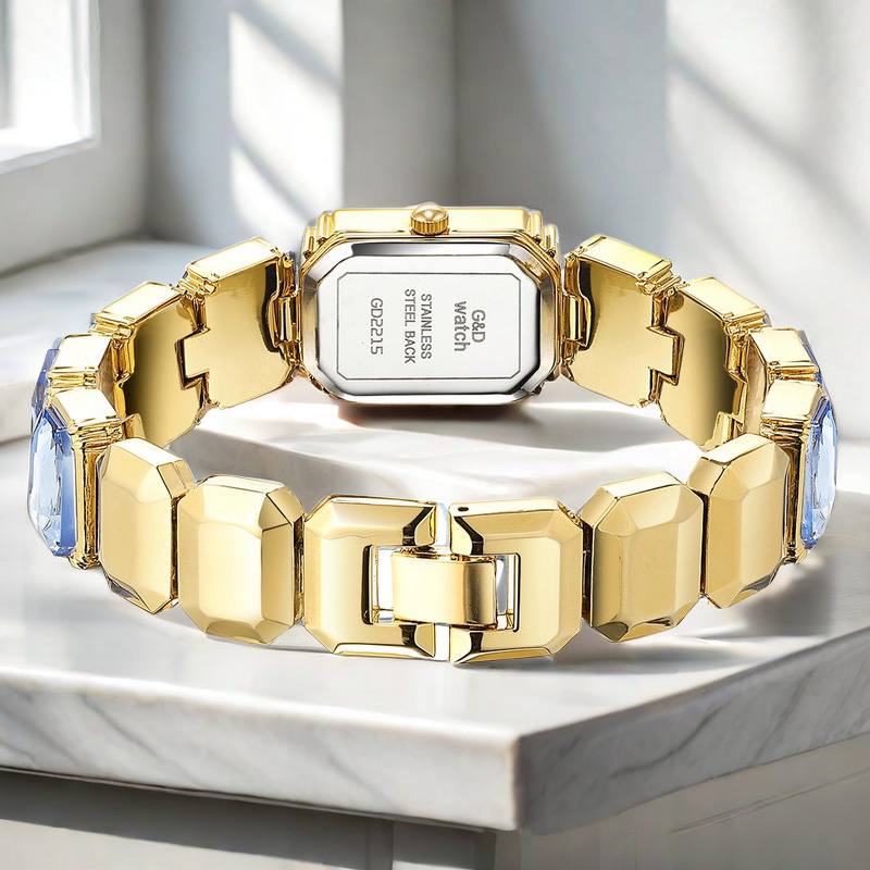 Sotiya Square Dial Quartz Movement Gold Watch with Stone-Encrusted Strap-Sotiya