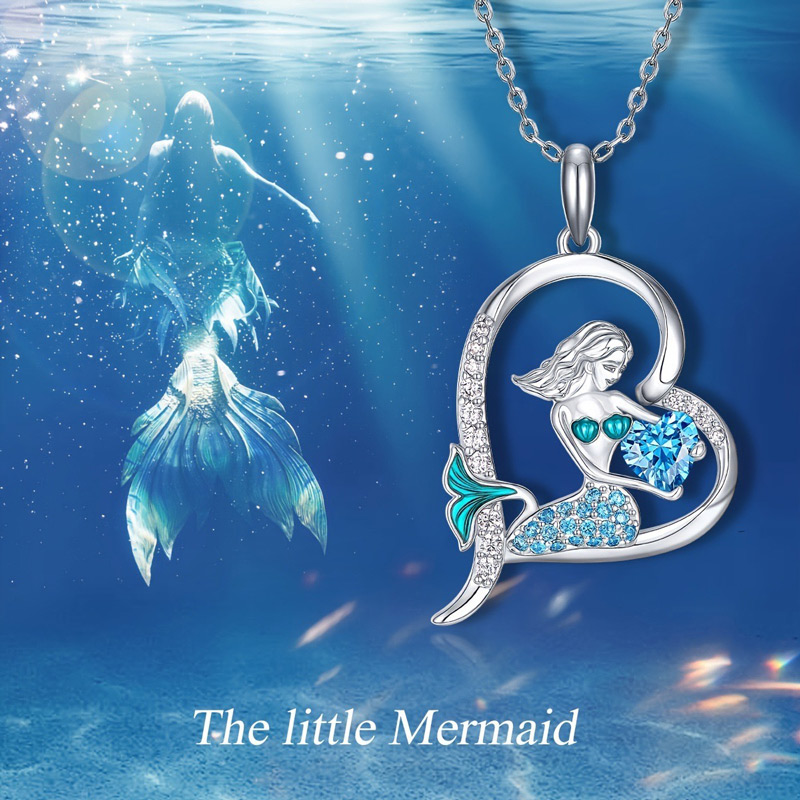 Sotiya Best Buds Mermaid Tail Aquamarine Blue Heart Cut Necklace Sterling Silver-Sotiya