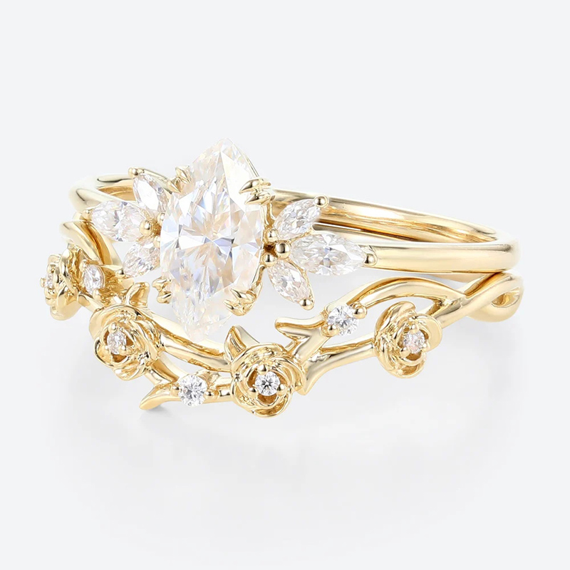 Sotiya Vintage Floral Marquise Cut Wedding Bridal Ring Set Sterling Silver-Sotiya