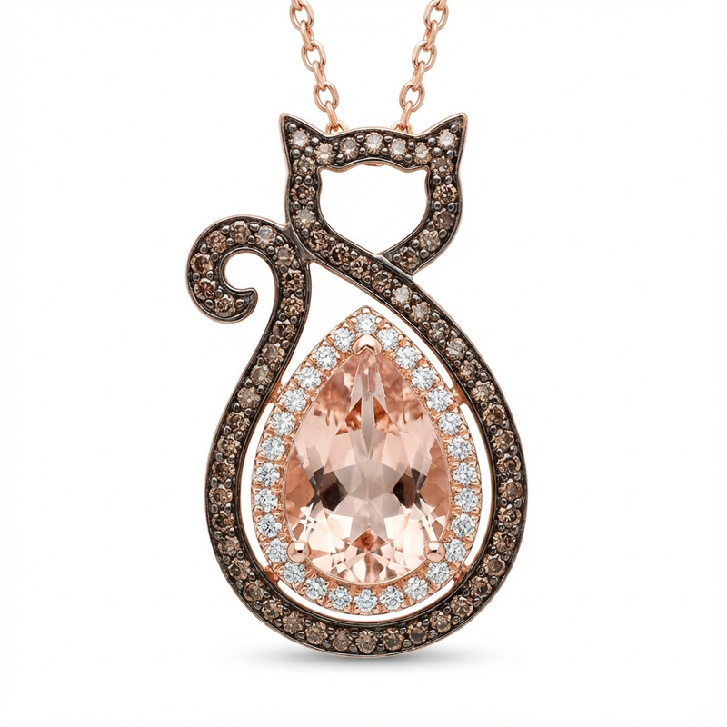 Sotiya Cat Shaped Halo Synthetic Morganite Pear Cut Coffee Necklace Sterling Silver-Sotiya