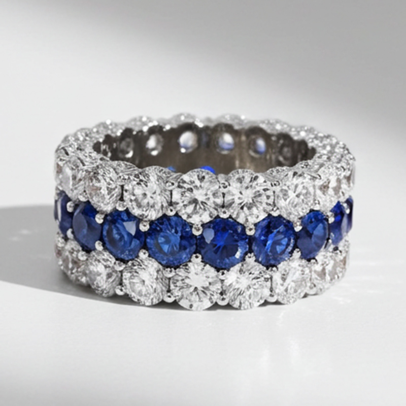 Sotiya Wide Three Row Round Cut Women's Wedding Eternity Band Sterling Silver-Sotiya