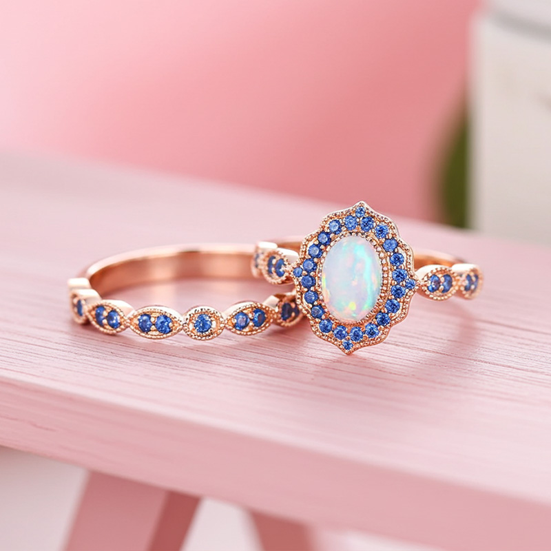 Sotiya Vintage Halo Oval Cut Opal Wedding Bridal Ring Set Sterling Silver-Sotiya