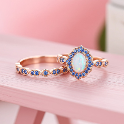 Sotiya Vintage Halo Oval Cut Opal Wedding Bridal Ring Set Sterling Silver-Sotiya