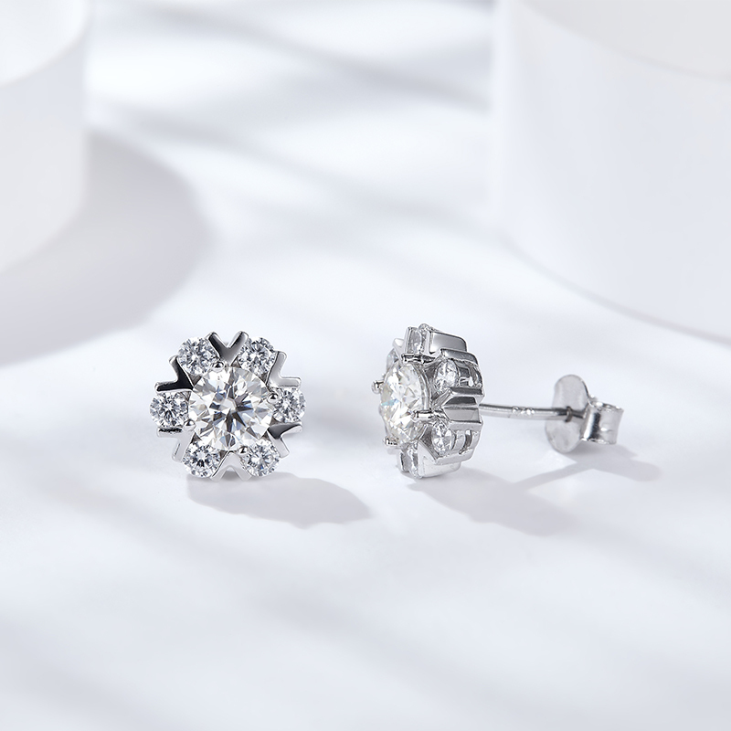 Sotiya Snowflake Round Cut Moissanite Stud Earrings Sterling Silver-Sotiya