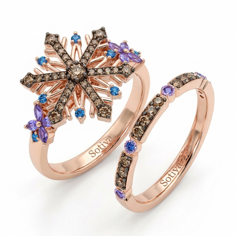 Sotiya Snowflake Design Coffee Wedding Bridal Ring Set Sterling Silver-Sotiya