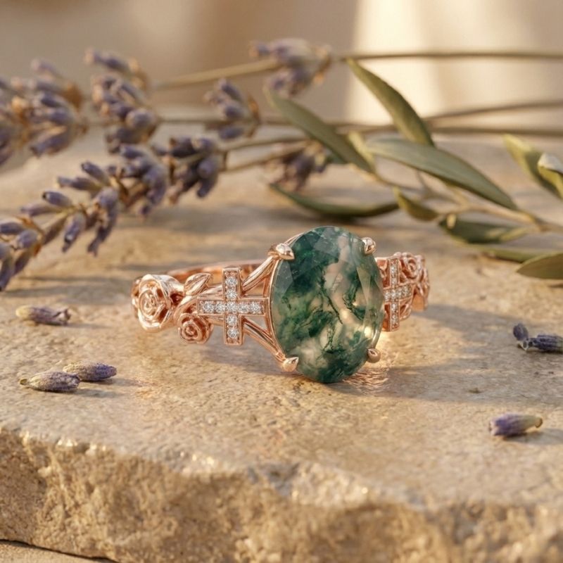 Sotiya Rose Design Faith Cross Oval Cut Green Moss Agate Engagement Ring Sterling Silver-Sotiya