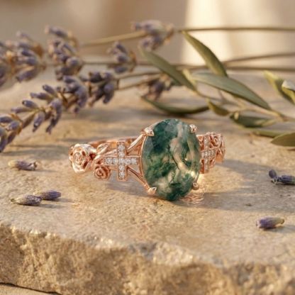 Sotiya Rose Design Faith Cross Oval Cut Green Moss Agate Engagement Ring Sterling Silver-Sotiya