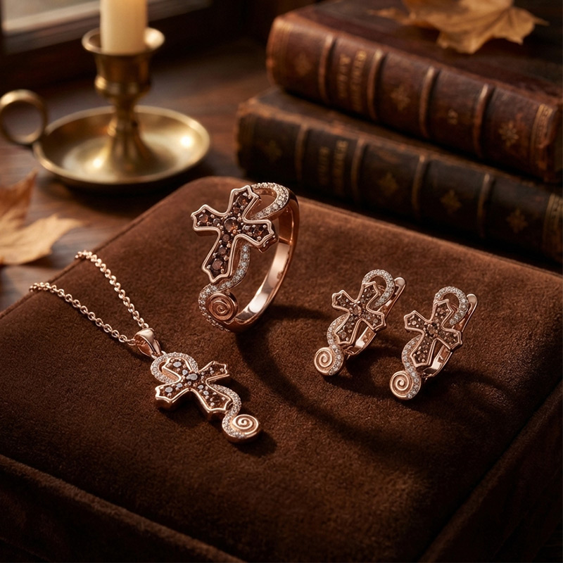 Sotiya Cross Design Faith Round Cut Coffee Jewelry Set Sterling Silver-Sotiya