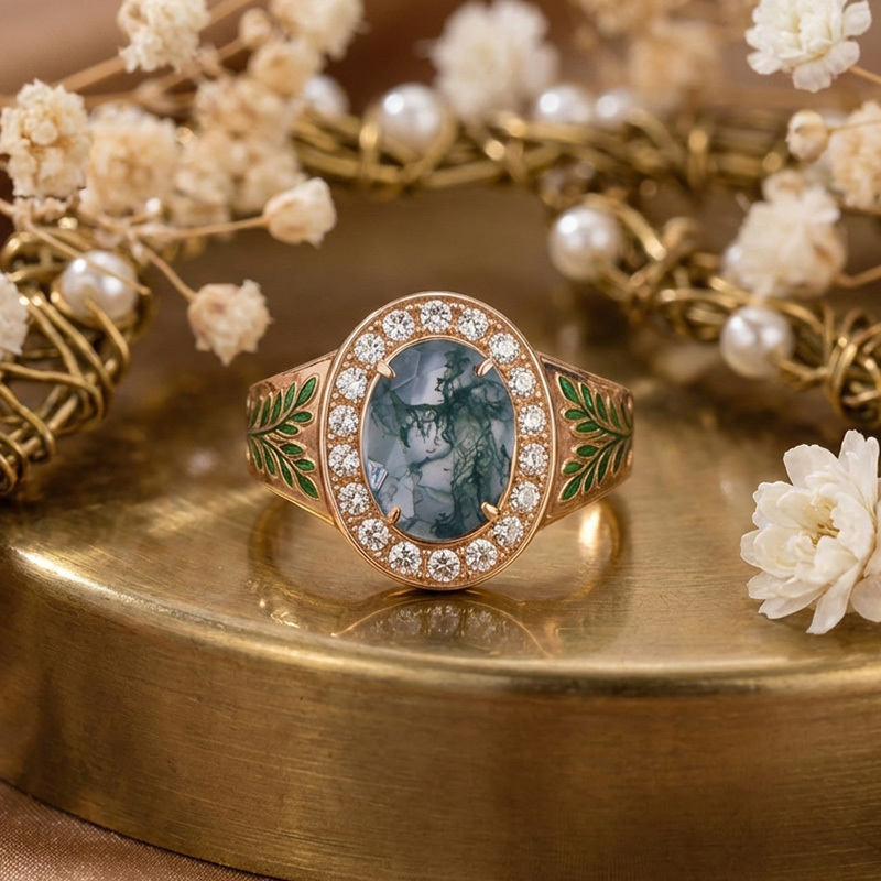 Sotiya Victorian Bay Leaf Enamel Halo Oval Cut Moss Agate Engagement Ring Sterling Silver-Sotiya