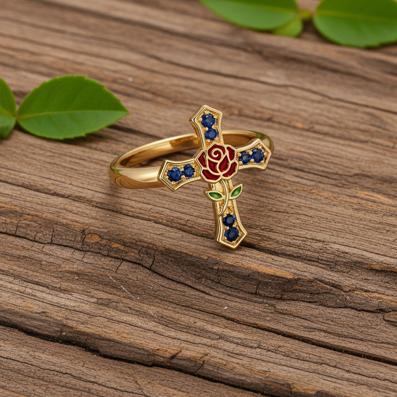 Sotiya Enchanted Red Rose Design Enamel Faith Cross Cocktail Ring Sterling Silver-Sotiya