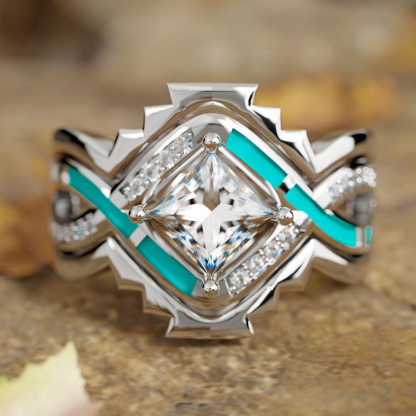 Sotiya Three Piece Twist Princess Cut Enamel Bridal Wedding Ring Set  Sterling Silver-Sotiya