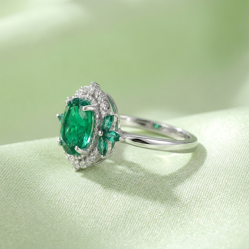 Sotiya Art Deco Emerald Green Oval Cut Engagement Ring Sterling Silver