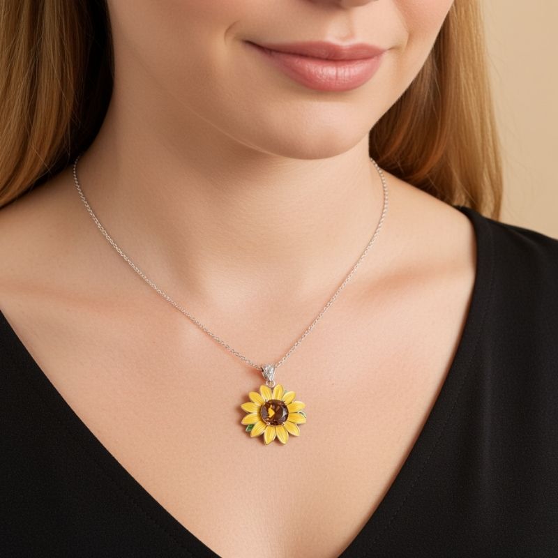 Sotiya Artist Collection Famous Painting Sunflower Enamel Round Cut Chocolate Necklace Sterling Silver-Sotiya